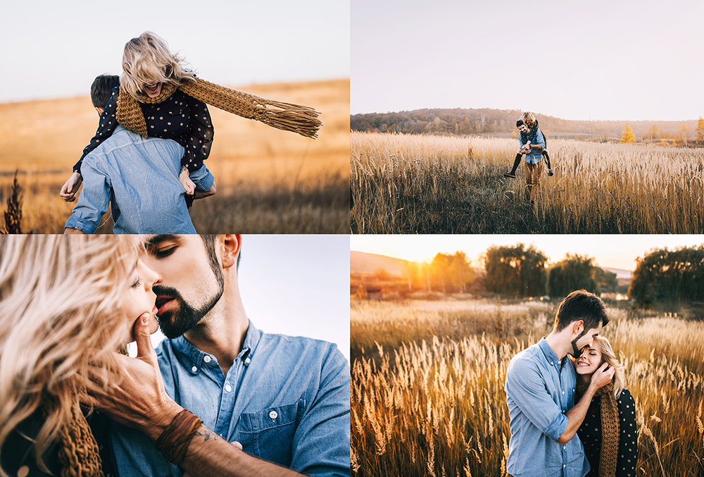 couple portrait photography field kissing walking spinning playful sunset
